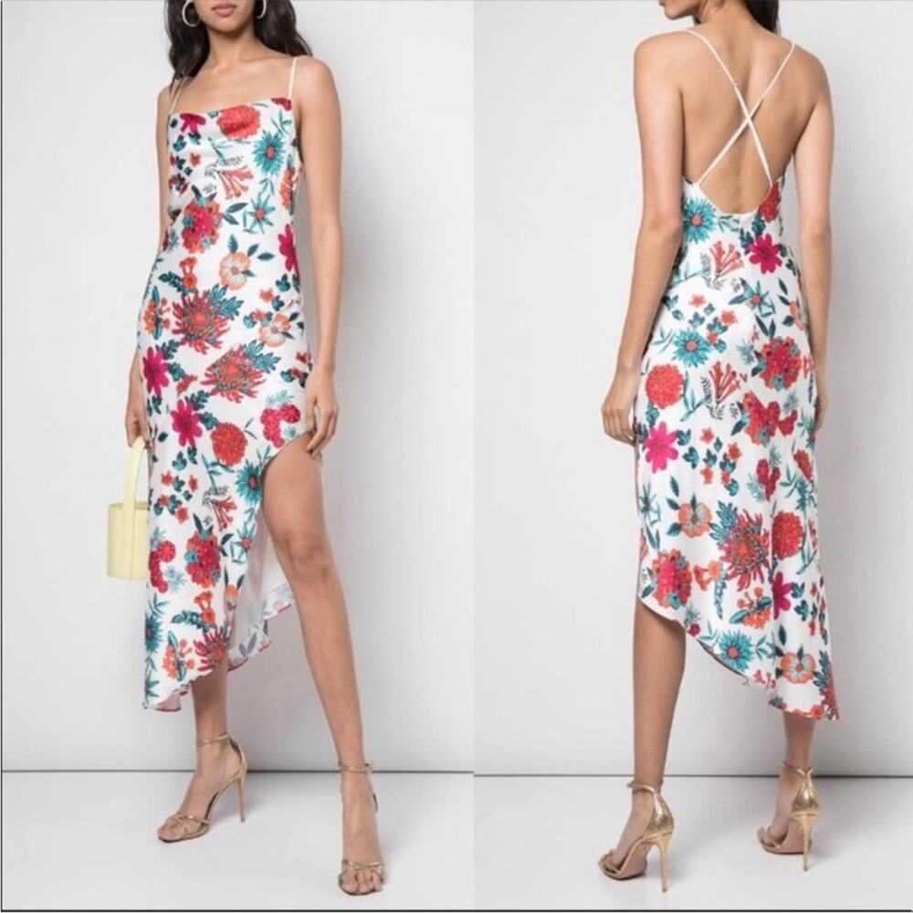 Haney Goldie Floral Silk Slip Midi Dress White Criss Cross Back 12